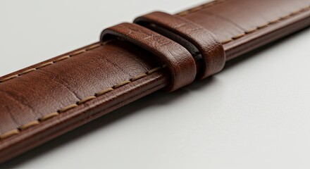 Close-Up of a Brown Leather Watch Strap with Detailed Stitching on White Background