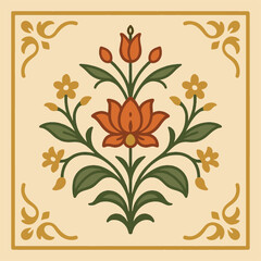 Square Mughal Plant Icon Featuring Ornamental Floral Motifs Symmetrical Traditional Indian Decorative Illustration