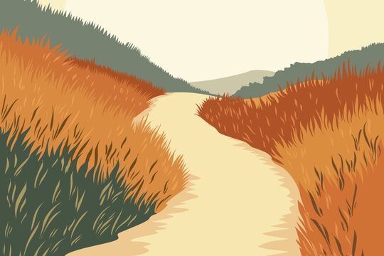 Golden autumn path winding through tall grasses and hills under soft sky, modern flat vector landscape illustration symbolizing countryside walk, nostalgia and peaceful nature escape.​