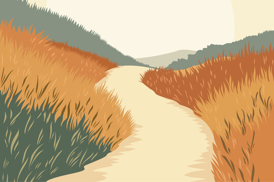 Golden autumn path winding through tall grasses and hills under soft sky, modern flat vector landscape illustration symbolizing countryside walk, nostalgia and peaceful nature escape.​