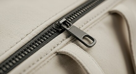Close-up of a Zipper on Beige Fabric, Macro Detail, Modern Design
