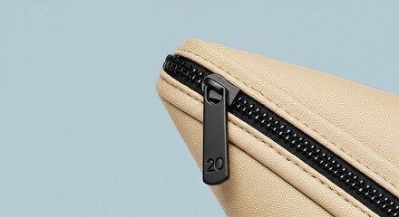Close-Up of Beige Textured Pouch with Black Zipper and "20" Detail