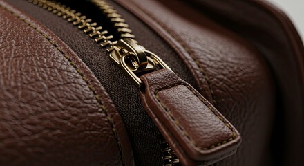 Close-up of Brown Leather Bag with Golden Zipper and Detailed Stitching