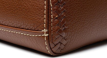Close-up of Brown Leather Bag Corner with Braided Detail and Stitching