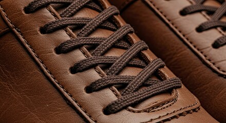 Close-up of Brown Leather Shoe with Braided Laces, Texture Detail.