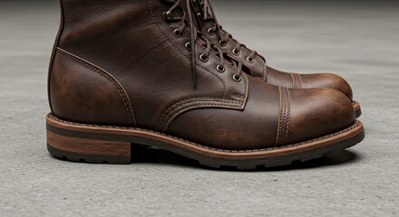 Close-Up of Brown Leather Work Boots with Detailed Stitching and Laces
