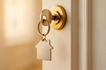 A close-up of a house key on a golden keychain hanging from a door lock, symbolizing homeownership and new beginnings.