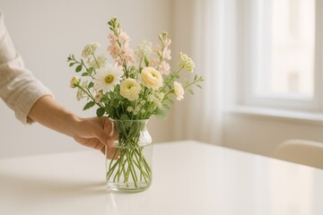 Fototapeta premium A hand placing a fresh bouquet of white and pastel flowers into a clear glass vase on a bright, modern table.