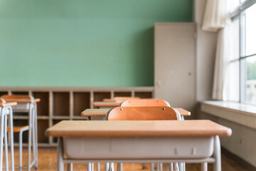 Image of a classroom with a blackboard and school building (lockers)
