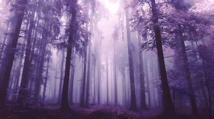 Fototapeta premium Tall forest trees create an ethereal, mist-filled landscape with vibrant purple foliage