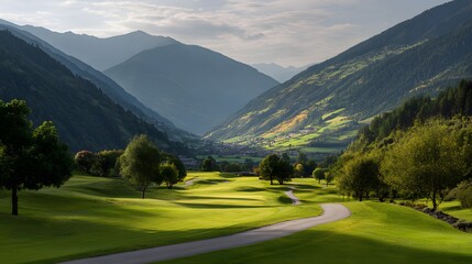 Lush green fairway winds through a verdant valley surrounded by towering mountains