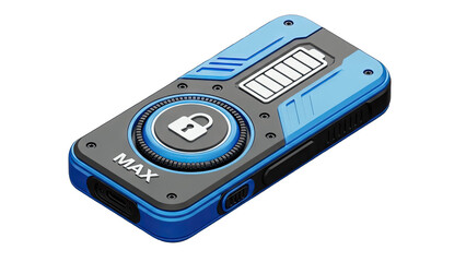 Blue Security Device with Lock Icon and Battery Indicator