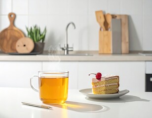 una taza de t&eacute; humeante en un vaso de vidrio al lado un trozo de torta en una cocina acogedora y luminosa