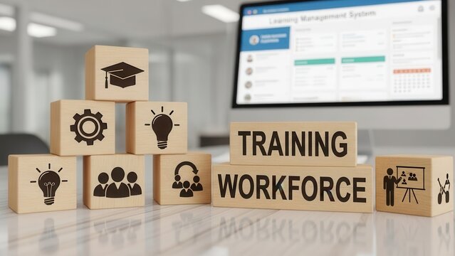 Training and Workforce Development. Wooden blocks with training  and human icons, symbolizing structured learning, skill development and leadership driven training programs. Learning management system