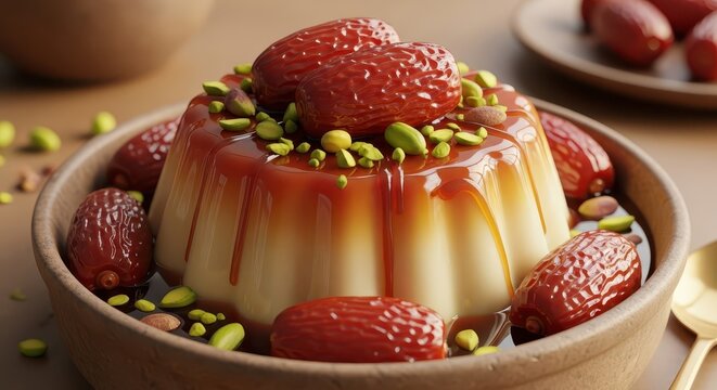 Creamy molded dessert generously topped with caramel sauce, whole dates, and chopped nuts - Powered by Adobe