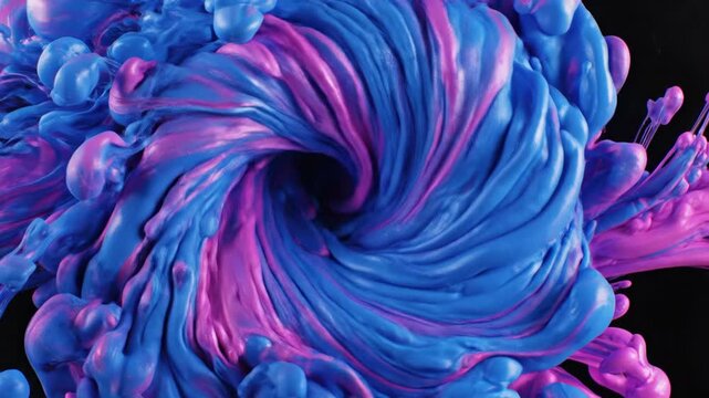 Swirling blue and pink puffy mass on black, globular and flowing