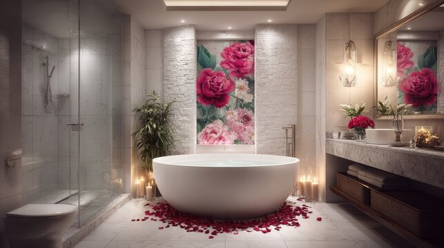 Elegant bathroom with floral art and rose petals creates a romantic ambiance.