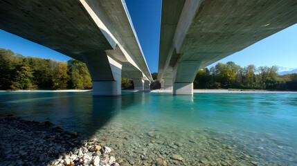 Massive concrete structure spans clear turquoise waterway under bright blue sky