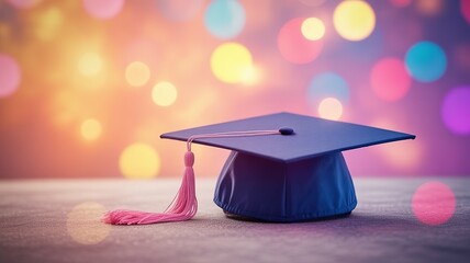 Blue Graduation Cap with Pink Tassel on Blurred Colorful Background Symbolizing Achievement and Celebration of Academic Success in Higher Education