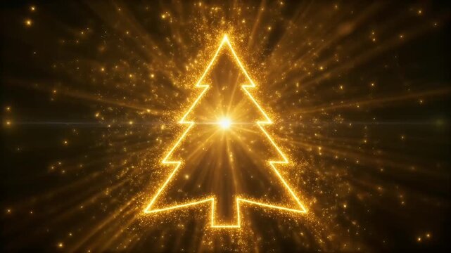 A radiant golden Christmas tree outline with sparkling light rays on a dark background, evoking a festive and magical holiday spirit.