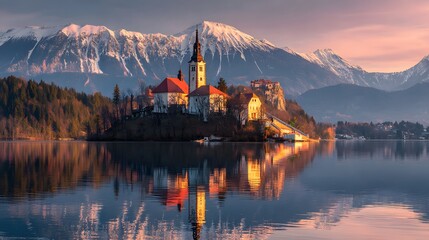 Picturesque island church and castle reflect on tranquil water body below snow capped peaks at sunrise