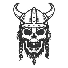 Fierce viking warrior skull wearing horned helmet with braids isolated on white background, Vector