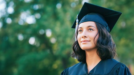 Young Female Graduate Wearing Graduation Cap Outdoors in Nature Setting with Confident Smile, Symbolizing Achievement and Future Success, Ideal for Graduation Announcements