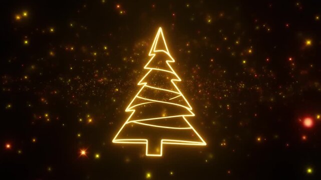A glowing golden outline of a Christmas tree against a dark, sparkling background with festive lights.