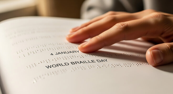 4 January World Braille Day Text with Raised Dots on Black Background .
