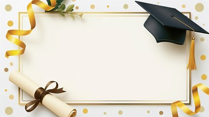Elegant Graduation Cap and Diploma Design with Golden Ribbons and Confetti on Cream Background for Graduation Invitations Announcements and Celebrations