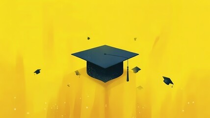 Bright Yellow Background Graduation Cap Illustration with Floating Caps and Sparkles for Education Celebration and Achievement Concept Artwork