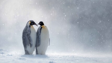 Fototapeta premium Majestic Emperor Penguins Amidst Snowfall in Winter Wonderland Scene