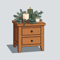 Elegant Christmas Holiday Decor with Candles and Greenery on Wooden Nightstand