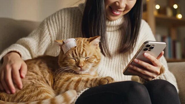 Woman Comforting Injured Orange Tabby Cat With Bandage On Head While Using Smartphone Indoors Cozy Atmosphere