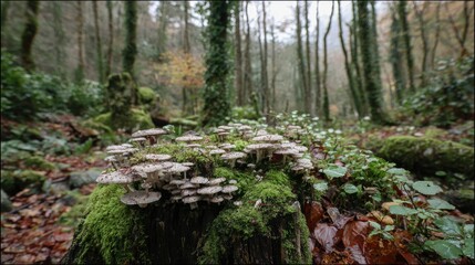 Fototapeta premium Fungi cluster on a mossy stump in a damp forest with tall trees.