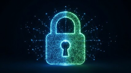 Digital security concept with glowing particles forming a padlock symbol, representing data protection and online privacy in a technological network environment