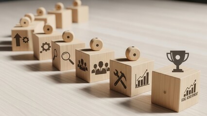 Business progress and project roadmap concept.  Wooden blocks with the icon of  steps in a project or strategic planning process. Waypoint icons and ends with goal achievement