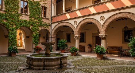 Naklejka premium Charming historic European courtyard with a beautiful stone fountain and elegant arched colonnades, bathed in soft, inviting light