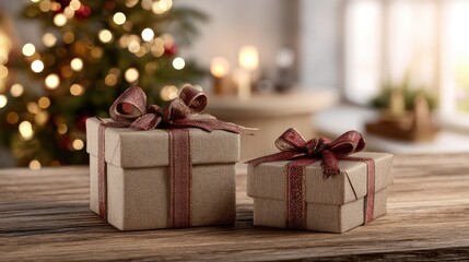 Two decorated gift boxes sit on a wooden surface near a blurred festive tree.