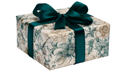 A beautifully wrapped gift box adorned with a delicate floral pattern and tied with a luxurious dark green ribbon and bow, isolated on a clean transparent background