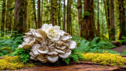 Large white mushroom cluster rests on mossy log in a lush forest.