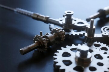 Close-up of metallic gears and mechanical components on a dark surface