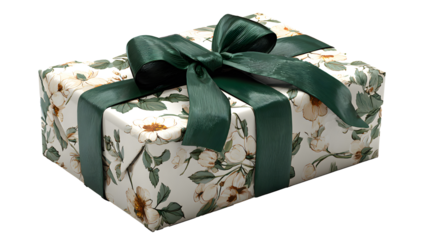 A beautifully wrapped gift box adorned with a delicate floral pattern and tied with a luxurious dark green ribbon and bow, isolated on a clean transparent background