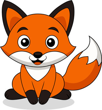 Adorable cartoon fox with bright orange fur, big eyes, and a fluffy tail, perfect for kids illustrations and decorative designs.