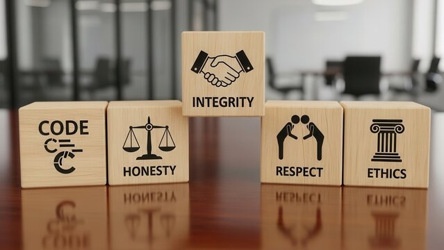 Code of conduct in business concept. Wooden blocks with code of conduct icons; code, integrity, honesty, respect, and ethics,  the foundation of a strong corporate code of conduct. Corporate ethics
