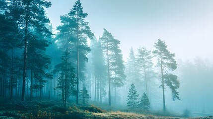 Tall coniferous trees shrouded in dense, cool mist during an early morning setting