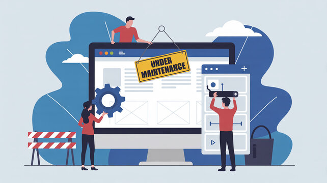 Flat design illustration of a website under maintenance, a team actively working on web page development project - Powered by Adobe