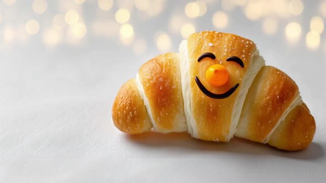 Cute croissant snowman with smiling face jumping happily on white background, festive holiday video