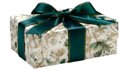 A beautifully wrapped gift box adorned with a delicate floral pattern and tied with a luxurious dark green ribbon and bow, isolated on a clean transparent background