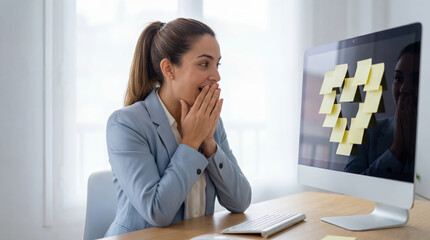 Surprised businesswoman with her hands over her mouth, staring at a computer screen covered in yellow sticky notes arranged in the shape of a heart.
